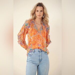 Hale Bob Vanessa Peasant Top Blouse Orange Floral Women’s Size Medium